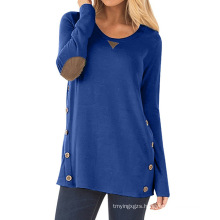 Autumn new round neck long sleeve button decoration T-shirt for women
